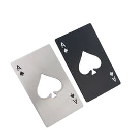 A stainless steel bottle opener shaped like a playing card, featuring a spade design in silver and black.