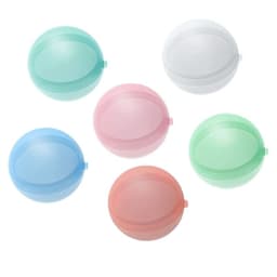 A collection of reusable self-sealing water balloons in green, blue, pink, and clear colours, featuring a logo.