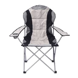 A padded fold-up lounge chair in grey and black with armrests and a logo on the side. Suitable for outdoor use.