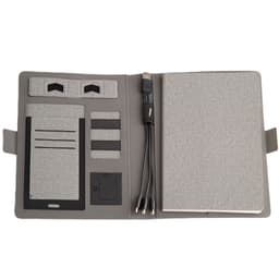 A grey wireless charging portfolio with pockets for cards and a notepad, featuring a USB cable and an interior logo.