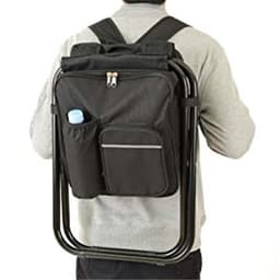 A black backpack-style chair with a drink pocket, worn on the back of a person. Features a simple design with zippers.