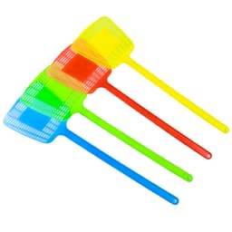 A set of colourful fly swatters in green, yellow, red, and blue, featuring a striped design and long handles.
