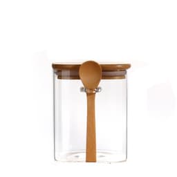 A glass storage container with a bamboo lid and a wooden spoon, featuring a clear body and natural wood accents.