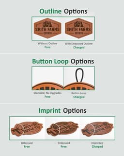 Leather patches in brown with various design options, including embossed, debossed, and a button loop feature.