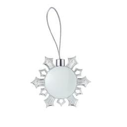 A round photo frame with a snowflake design, featuring a silver hanging loop and a clear rim.