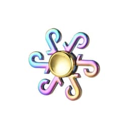 A rainbow-coloured fidget spinner with a central gold circle and intricate design elements.