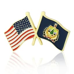 A gold and enamel lapel pin featuring crossed flags of the USA and a state flag, with vibrant colours and detailing.