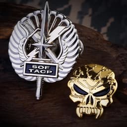 Two 3D die cast lapel pins: one silver with a star and wings, and one gold skull design. Both have intricate details.