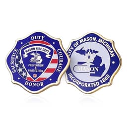 Custom-shaped hard enamel coins featuring blue and gold colours, with a badge design on both sides and a logo.