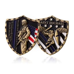 A double-sided soft enamel coin featuring a soldier and Saint Michael on a shield design, with colours including gold, black, and blue.