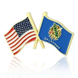 A crossed lapel pin featuring the American flag and the Oklahoma state flag, primarily in red, white, blue, and gold.