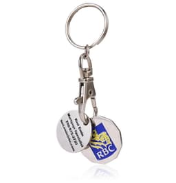 A silver keychain with a clip and two circular coins, one featuring a logo and the other engraved with text.
