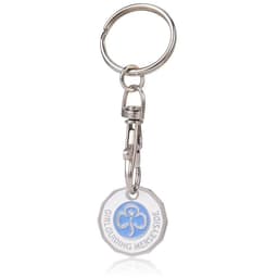 A keychain with a silver ring and a circular token, featuring a blue design and a logo.