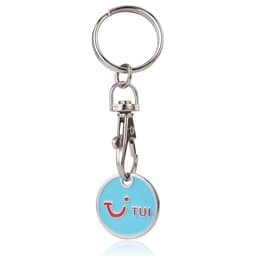 A light blue keychain with a circular tag and a lobster clasp, featuring a logo or branding.