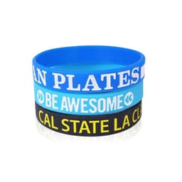Three silicone wristbands in blue, black, and yellow, featuring different phrases and a logo on one.