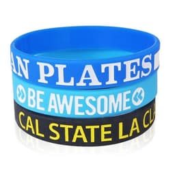 Three silicone wristbands in blue, light blue, black, and yellow, featuring various phrases and a logo.