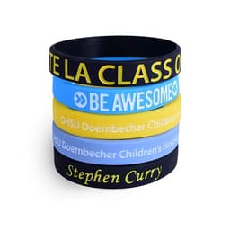 A set of silicone wristbands in blue, yellow, and black, featuring various engravings and a logo.