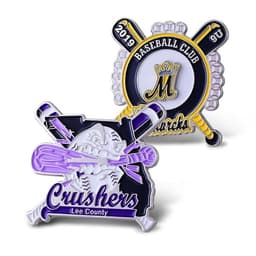 A pair of 1.25" soft enamel trading pins with baseball themes, featuring purple, black, and metallic colours.