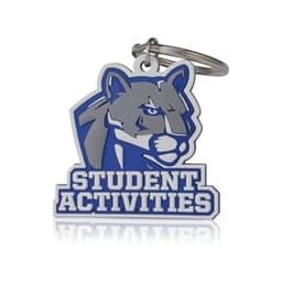 A blue and grey 3D PVC keychain featuring a lion's head and the text "STUDENT ACTIVITIES." It has a metal keyring.