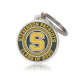 A round, 3D PVC keychain featuring green and yellow colours with a "S" logo and the text "CLASS OF 2020", attached to a keyring.