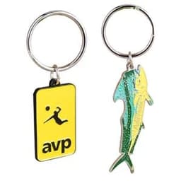 A set of two keychains: one yellow rectangular with a logo and one vibrant green and yellow fish design.
