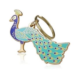 A peacock-shaped hard enamel keychain with vibrant blue and green colours, featuring a gold-tone keyring.