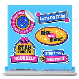 A collection of colourful custom sticker designs on a blue background, featuring various motivational phrases and a logo.