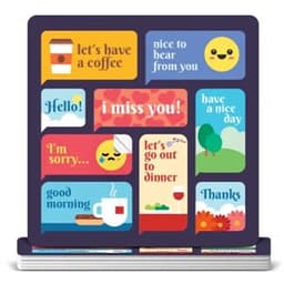 A collection of colourful sticker sheets featuring various speech bubble designs with different messages and illustrations.