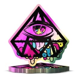 A custom holographic sticker featuring a geometric design with vibrant pink, purple, and blue colours, featuring an eye motif and abstract shapes.