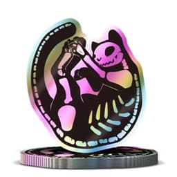 A holographic sticker featuring a playful skeleton cat design, with vibrant rainbow colours and an artistic outline.