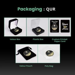 A collection of packaging options for lapel pins, including a velour box, plastic box, printed paper card, and pouches.