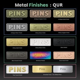 A variety of metal finish lapel pins in colours like antique brass, gold, silver, and rose gold, featuring different designs.