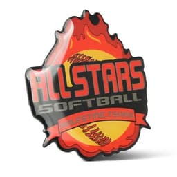 A printed 1.25" baseball trading pin featuring a red and black flame design with text and a logo.