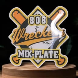A printed baseball trading pin featuring crossed bats and a baseball, with yellow and black colours. It has a logo design.