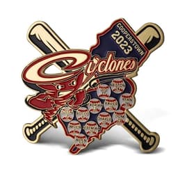 A soft enamel trading pin featuring a cyclone character, with a red and gold colour scheme, and bat designs in the background.