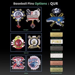 Various baseball pins in different designs, including shiny gold, black nickel, and glitter finishes. One pin features a dangler and another a bobblehead.