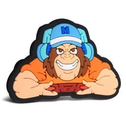 A PVC lapel pin featuring a cartoon character with brown hair and a blue hat, holding a gaming controller.