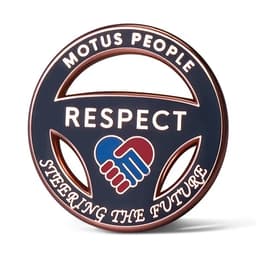 A 1-inch cloisonné lapel pin in navy and copper featuring a handshake and the word "Respect" with a logo.