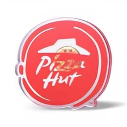 A custom acrylic pin featuring a red circular design with a prominent Pizza Hut logo.