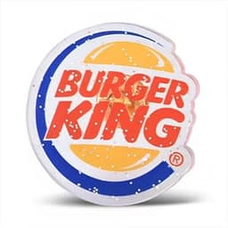 A round acrylic pin featuring a colourful burger logo, predominantly in red, yellow, and blue, with a brand logo.