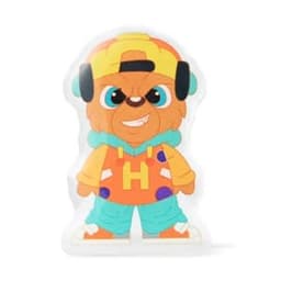 A custom acrylic pin featuring a cartoon bear character in an orange hoodie, teal pants, a cap, and headphones.