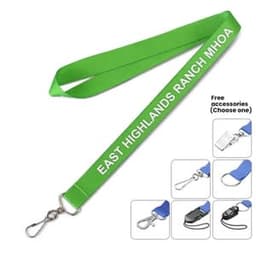 A green nylon lanyard with a clip attachment, featuring a logo and imprinted text.
