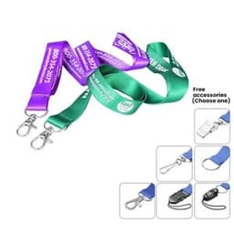 A green and purple imprinted nylon lanyard with metal clasps and branding.