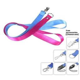 A pink and blue imprinted nylon lanyard with a metal clip and an attachment ring. Features a logo.