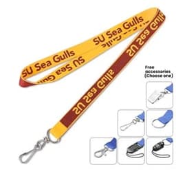 A yellow and maroon fine woven lanyard with a clip, featuring a logo and multiple accessory options.