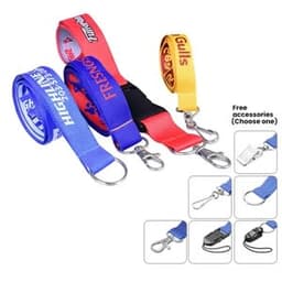 A collection of four woven lanyards in blue, red, yellow, and one with a logo, featuring metal clips for attachments.