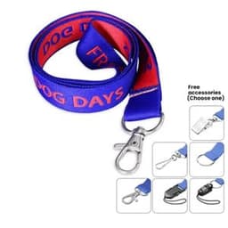 A blue and red fine woven lanyard with a clip and various accessory options displayed alongside.