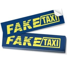 A blue custom-shaped bumper sticker featuring bold yellow text with the word "FAKE" and "TAXI".