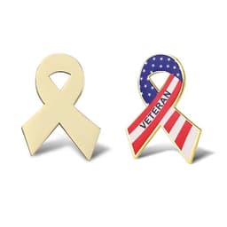 Two lapel pins displayed: one gold ribbon and another with an American flag design featuring the word "VETERAN".