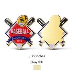 A shiny gold baseball pin featuring a red and blue design, measuring 1.75 inches with a stock shape.